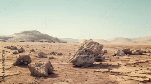 Scenic view of dry desert land with stones and metal constructions on hot day under cloudless sky   Generative AI