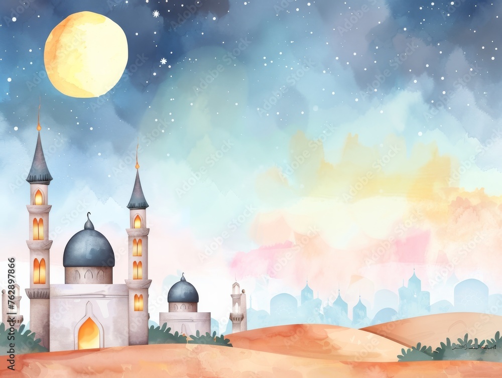 Ramadan kareem mosque,lantern,camel,moslem watercolor