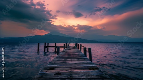 Boat jetty and dramatic sky at lake Yamanaka Yamanashi : Generative AI