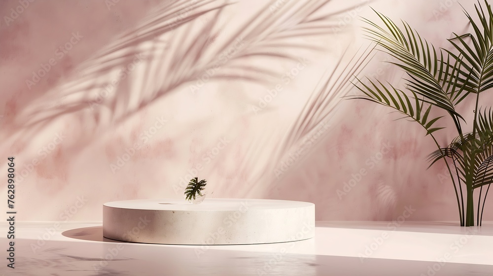 Minimal product placement background with palm shadow on plaster wall Luxury summer architecture interior aesthetic Creative product platform stage mockup : Generative AI Minimal product placement background with palm shadow on plaster wall Luxury summer architecture interior aesthetic Creative product platform stage mockup : Generative AI