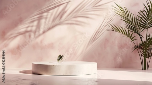 Minimal product placement background with palm shadow on plaster wall Luxury summer architecture interior aesthetic Creative product platform stage mockup : Generative AI