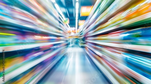 Abstract blurred supermarket aisle with colorful shelves in shopping mall interior for background Blurred background : Generative AI