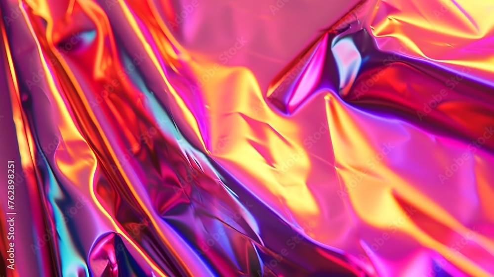 Obraz premium Closeup of ethereal bright neon pink magenta orange holographic metallic foil background Abstract modern curved blurred surreal futuristic disco rave techno festive dreamlike backdrop : Generative AI