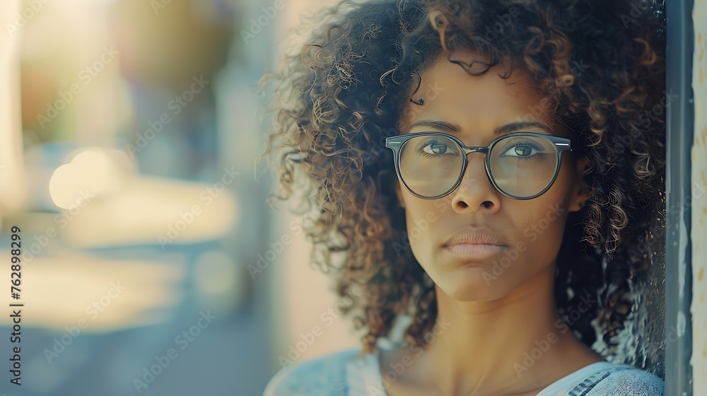 Portrait of serious african american female with curly hair and eyeglasses looking at camera while standing on street with blurred background : Generative AI Portrait of serious african american female with curly hair and eyeglasses looking at camera while standing on street with blurred background : Generative AI