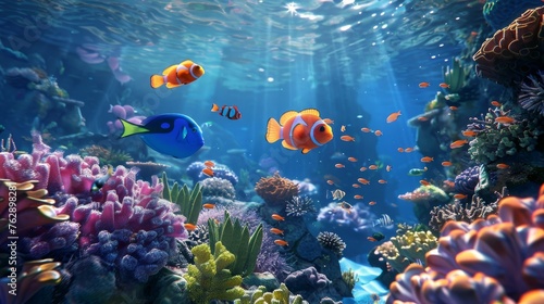 Animated 3D underwater scene with 2D cartoon fish swimming among coral