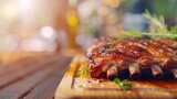 Front view of appetizing grilled pork ribs with barbecue served on wooden board in kitchen against blurred background : Generative AI