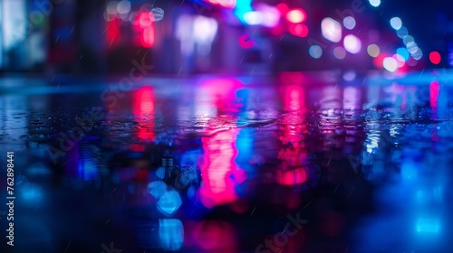 Light effect blurred background Wet asphalt night view of the city neon reflections on the concrete floor Night empty stage studio Dark abstract background dark empty street Night city : Generative AI