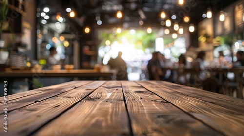 Wood table top with blur of people in coffee shop or caferestaurant backgroundFor montage product display or design key visual layout : Generative AI photo