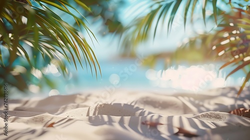 Summer exotic sandy beach with blur palms and sea on background : Generative AI