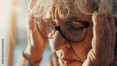 Head shot close up tired middle aged mature woman rubbing nose bridge after taking off eyewear Frustrated stressed senior older grandmother suffering from blurred eyesight eyes strain : Generative AI