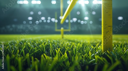 American football arena with yellow goal post grass field and blurred fans at playground view 3D render Flashlights Concept of outdoot sport football championship match game space : Generative AI