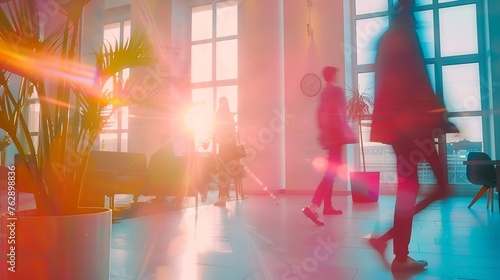 motion blur of energetic and ambitious business people walking near meeting room in coworking environment of modern office with high tech interior full length dynamic business concept : Generative AI