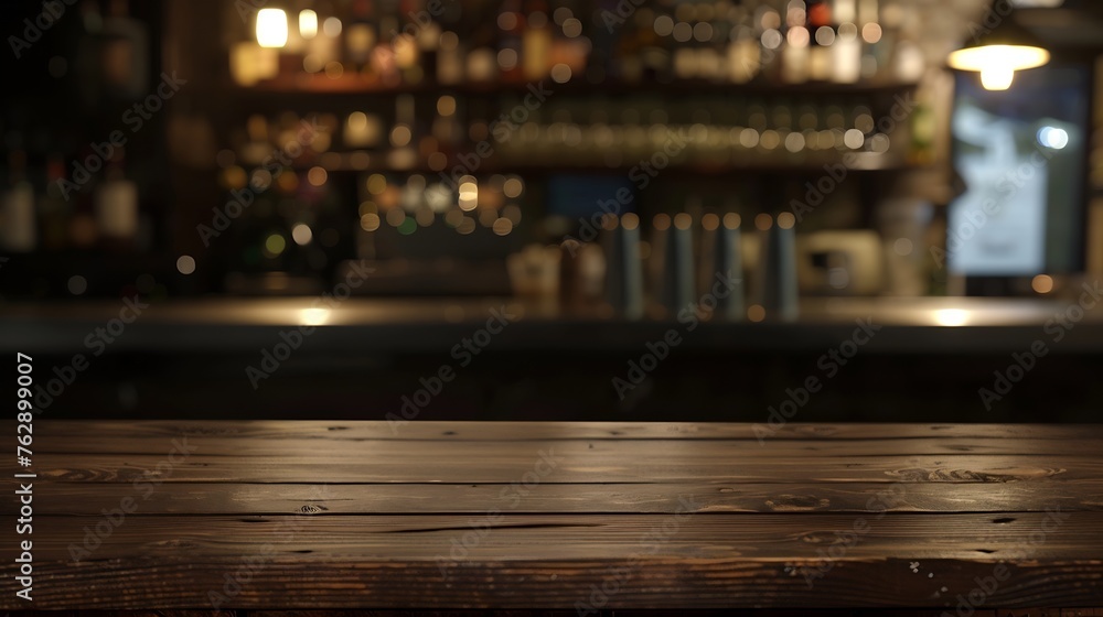 blurred background of bar and dark brown desk space of retro wood : Generative AI