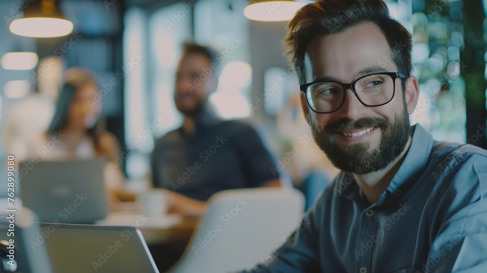 cheerful businessman in eyeglasses typing on laptop while sitting near colleague with mobile phone and bearded man on blurred foreground in lounge of modern coworking space : Generative AI cheerful businessman in eyeglasses typing on laptop while sitting near colleague with mobile phone and bearded man on blurred foreground in lounge of modern coworking space : Generative AI