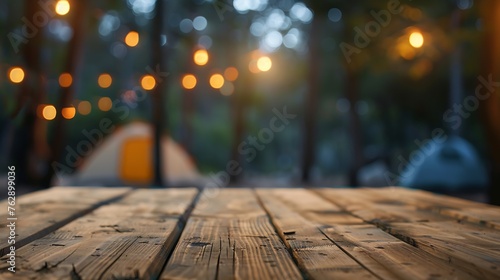 Wooden table top on blur tent camping travel tent at nightDrink and party conceptFor montage product display or design key visual layoutView of copy space : Generative AI photo