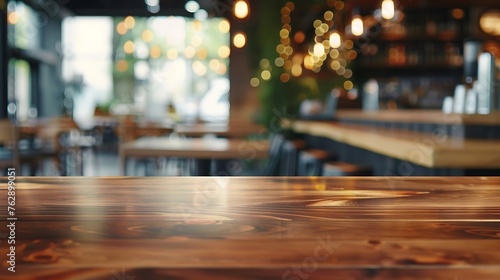 wood table on blur of cafe coffee shop bar background can used for display or montage your products : Generative AI