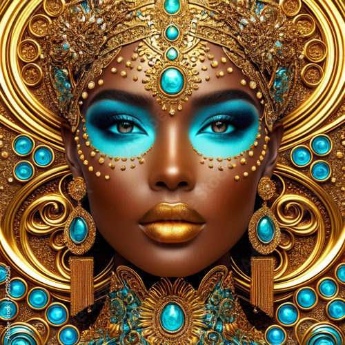 Beautiful african american woman with turquoise jewelry on her face. 3d rendering