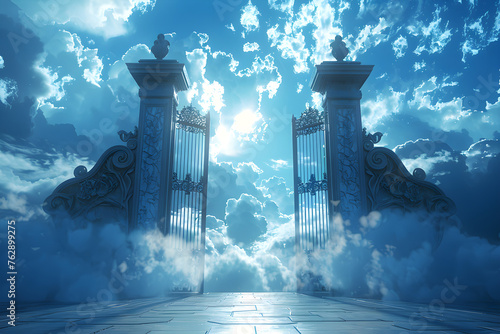 Majestic afterlife entrance with gates of heaven leading to a meeting with god. photo