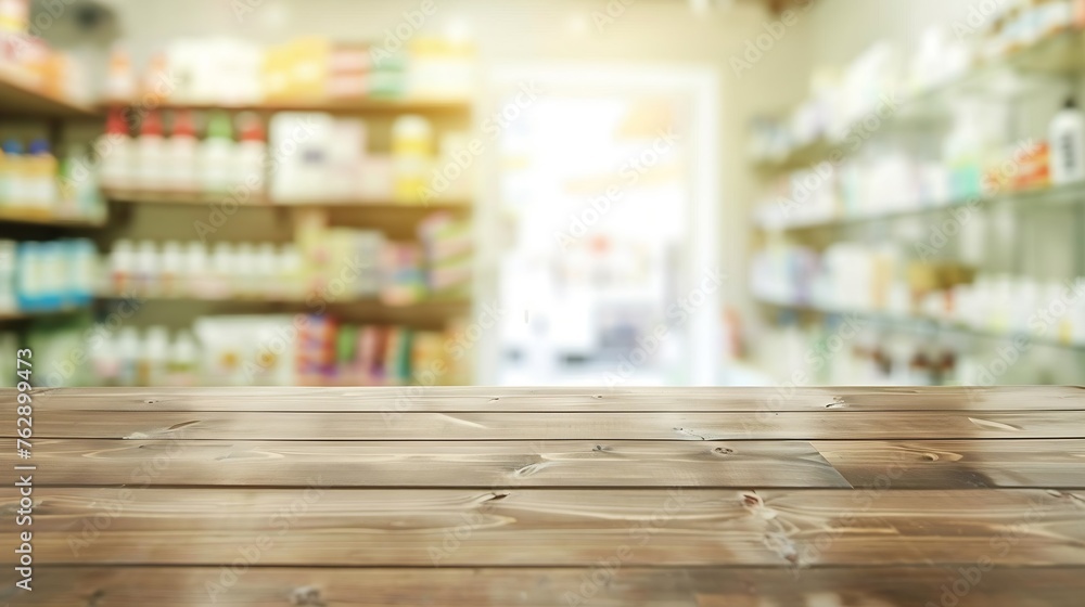 Empty natural wood counter top with blur pharmacy background : Generative AI