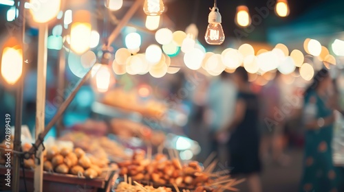 vintage tone blur image of food stall at night festival with bokeh for background usage : Generative AI photo