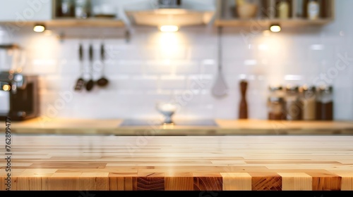 Empty beautiful wood table top counter and blur bokeh modern kitchen interior background in clean and brightBanner Ready for product montage : Generative AI