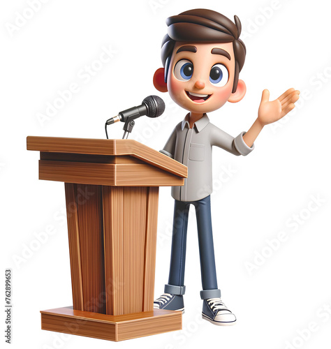 confident cartoon boy giving a speech at a podium photo