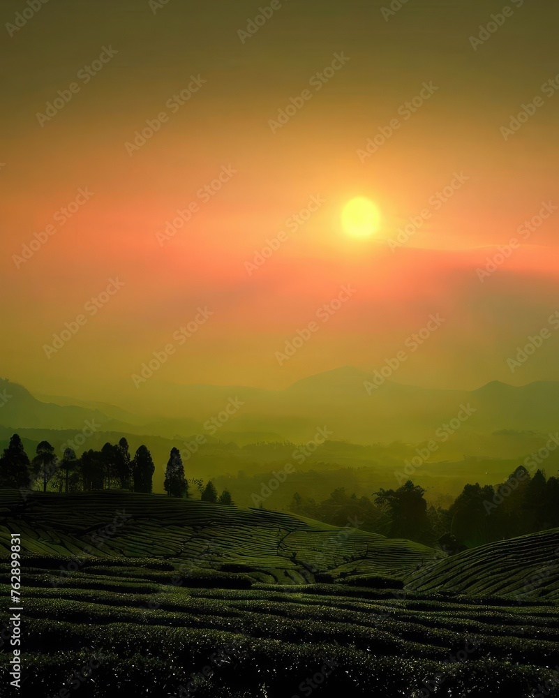 The sun dusk and Tea plantation