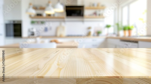 Selective focusEnd grain wood counter table top on blur white cozy kitchen in morning backgroundFor montage product display or design key visual : Generative AI photo