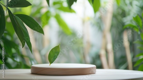 Wood podium tabletop floor blurred green leaf on white wall nature backgroundBeauty cosmetic natural product placement pedestal displayjungle summer concept : Generative AI