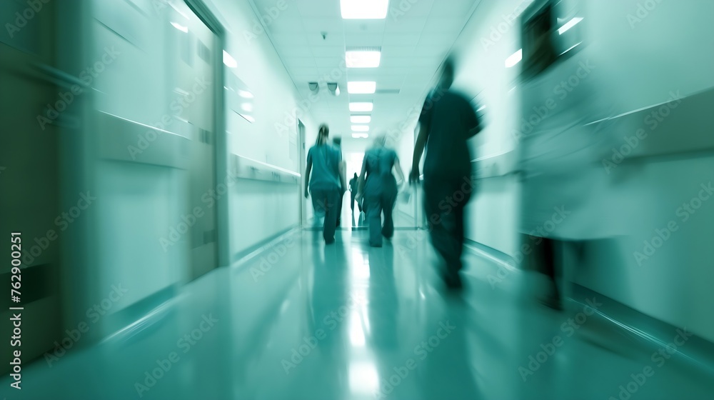 blurred for background blurred figures of doctors and nurses in a hospital corridor Doctors and nurses walking in hospital hallway blurred motion Moving human figure in the clinic corr : Generative AI