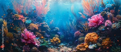 Underwater coral reef, vibrant marine life, detailed texture © Seksan