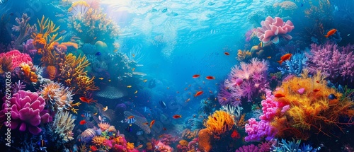 Underwater coral reef, vibrant marine life, detailed texture © Seksan