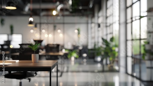 Blurred interior of modern office workplace a workspace design without partition decorate with black white and wooden furniture Nice environment can create work productivity relax mood : Generative AI