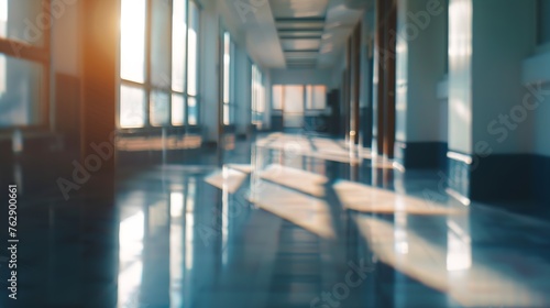 Light blurred background The hall of an office or medical institution with panoramic windows and a perspective : Generative AI photo