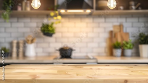 empty table board and defocused modern kitchen background product display concept : Generative AI