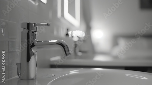 Modern bathroom with faucet and lighting  mirror monochrom interior blurred background : Generative AI photo