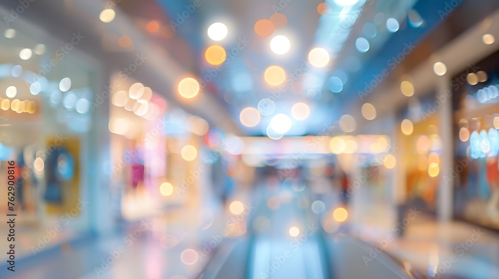 Fototapeta premium abstract blur image background of shopping mall with light bokeh and flare light bulb : Generative AI