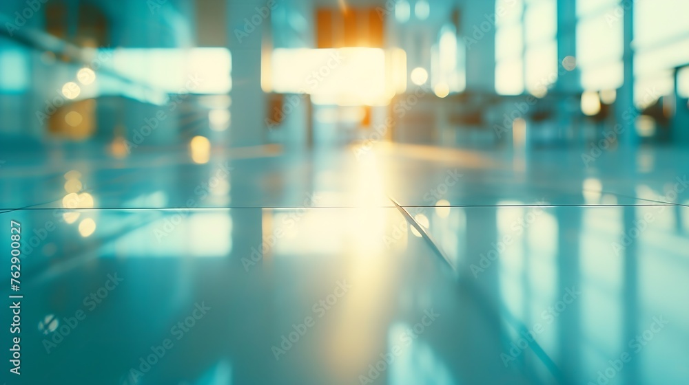 BLURRED OFFICE BACKGROUND MODERN BUSINESS HALL WITH LIGHT REFLECTONS ON THE FLOOR : Generative AI