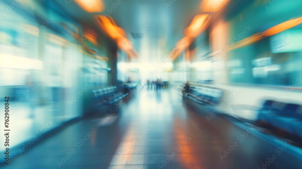 Blurred airport departure gate area with seats the hall where passengers wait to board the plane according to boarding time Transportation and travel concept Abstract background : Generative AI