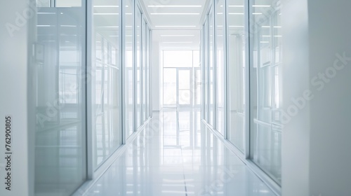 Empty corridor hallway of modern white office building room with glass entrance door business blur background corridor in a bright room empty space   Generative AI