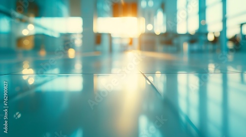 BLURRED OFFICE BACKGROUND MODERN BUSINESS HALL WITH LIGHT REFLECTONS ON THE FLOOR : Generative AI