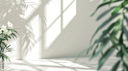 Abstract white studio background for product presentation Empty room with shadows of window and flowers and palm leaves 3d room with copy space Summer concert Blurred backdrop : Generative AI