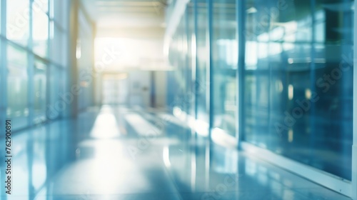 Blurred abstract background interior view looking out toward to empty office lobby and entrance doors and glass curtain wall with frame blue white balance processing style : Generative AI