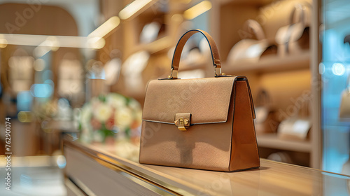 A elegant brown bag  is on display shelf in a luxury boutique store. © lam