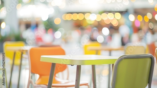 Blur bokeh background of interior table and chair in mall canteen Abstract bokeh of food business dining court with no person defocused of light retail lifestyle cafe shop decoration i : Generative AI photo