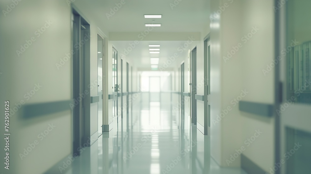 Fototapeta premium Empty corridor in modern Hospital blurred interior background : Generative AI