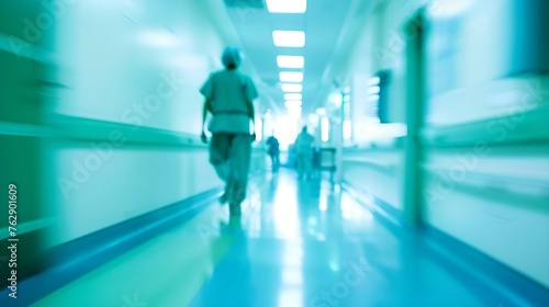 blurred for background blurred figures of doctors and nurses in a hospital corridor Doctors and nurses walking in hospital hallway blurred motion Moving human figure in the clinic corr : Generative AI