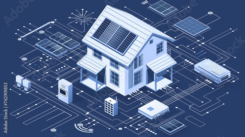 Isometric smart home with solar tech.