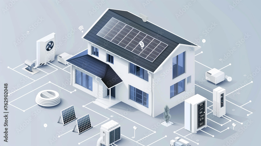 Isometric smart home with solar tech.