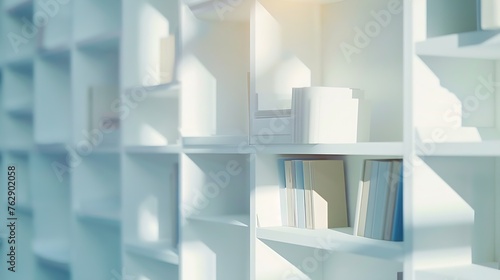 Abstract blurred modern white bookshelves with books manuals and textbooks on bookshelves in library or in book store for backdrop Concept for education : Generative AI photo